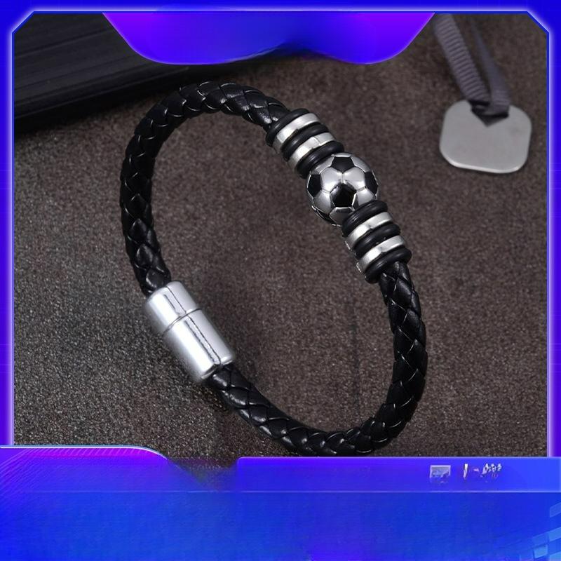Men's Titanium Steel Bracelet, Stainless Steel Leather Rope Bracelet, World Cup Football Magnet Buckle Braided Leather Bracelet