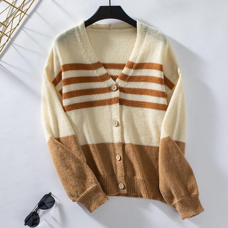 Vintage Stripe Cardigan Sweater Loose Knitwear Long Sleeve V-Neck Top Autumn Winter