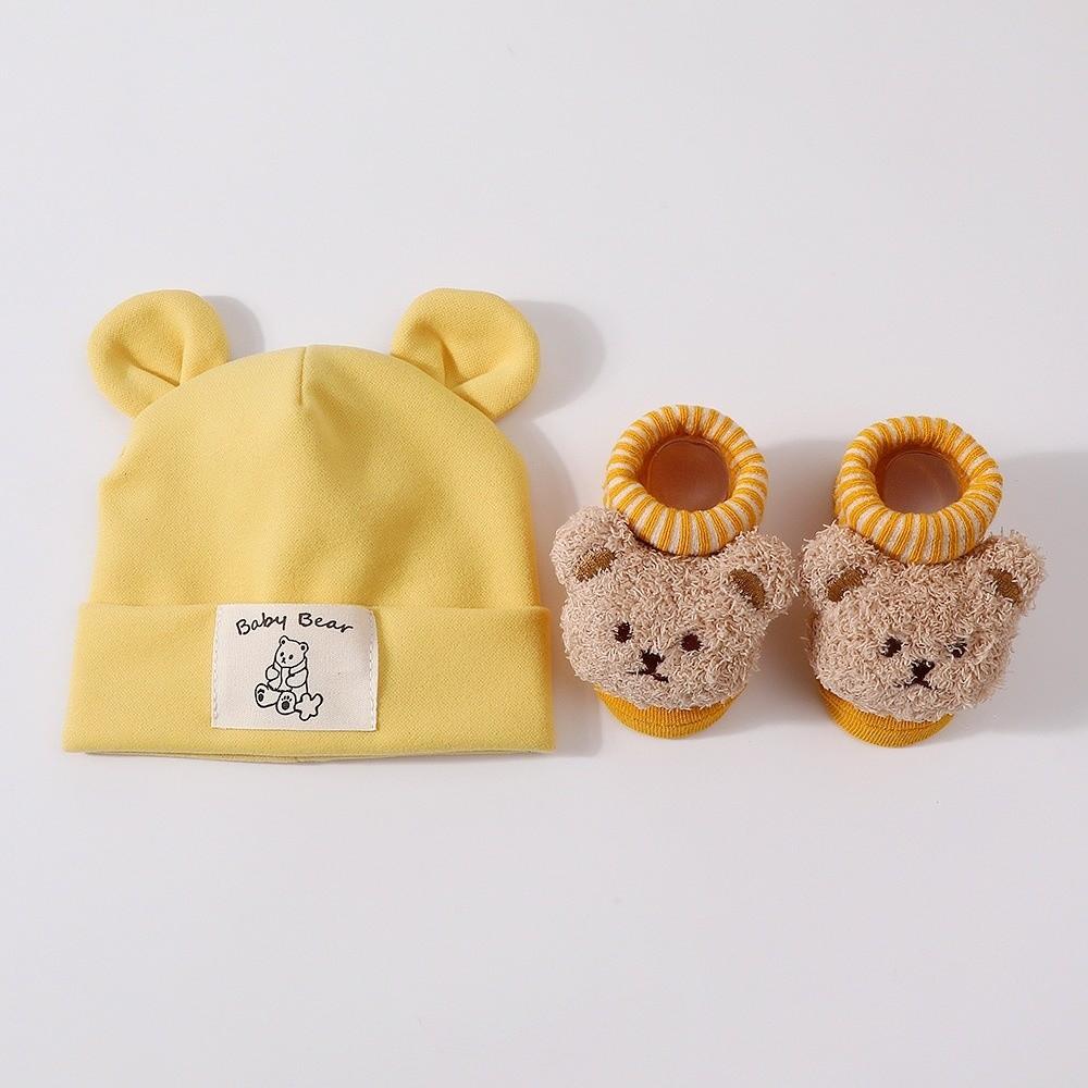 2Pcs/Set Cotton Baby Hat Socks Set Warm Baby Turban Socks Cute Bear Ear Beanie Autumn Winter