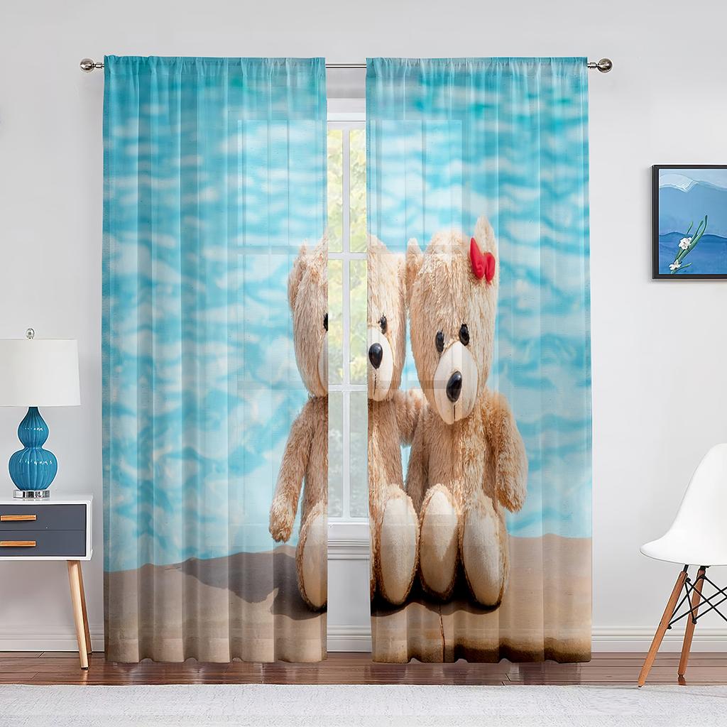 Семейные тюлевые шторы Happy Teddy Bears для кухни, гостиной, спальни, прозрачный шифон, прозрачная оконная занавеска из вуали