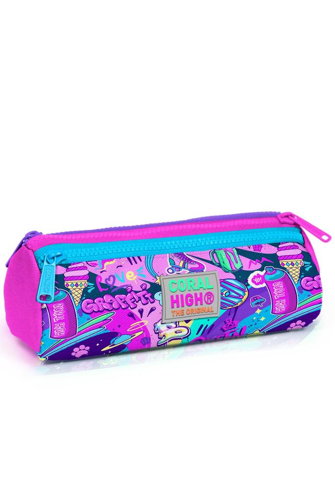 coral high Kids Graffiti Patterned Three Compartment Pencil Bag 22060