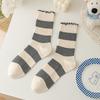 Women's Blue-Gray Striped Ruffled Socks with Lace Embroidery - Trendy Mid-Calf Style In Combed Cotton
