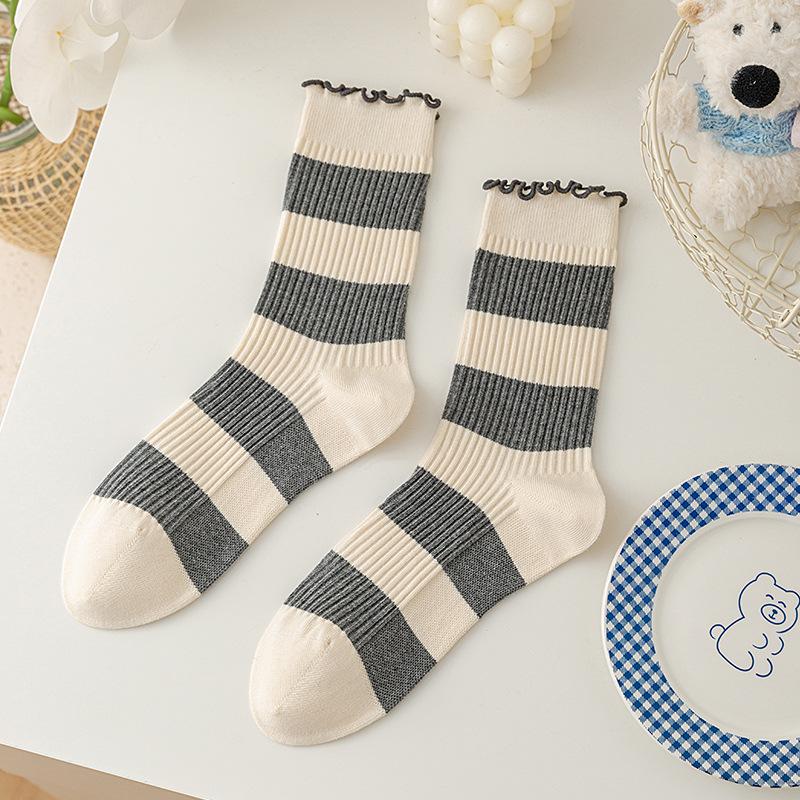 Women's Blue-Gray Striped Ruffled Socks with Lace Embroidery - Trendy Mid-Calf Style In Combed Cotton