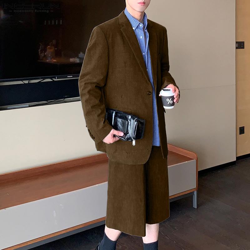 INCERUN Мужские костюмы из двух частей, большие размеры, блейзер с длинным рукавом, комплекты с брюками капри