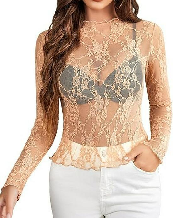 2024 European & American Style Lace Floral See-Through Long-Sleeve Women's Top