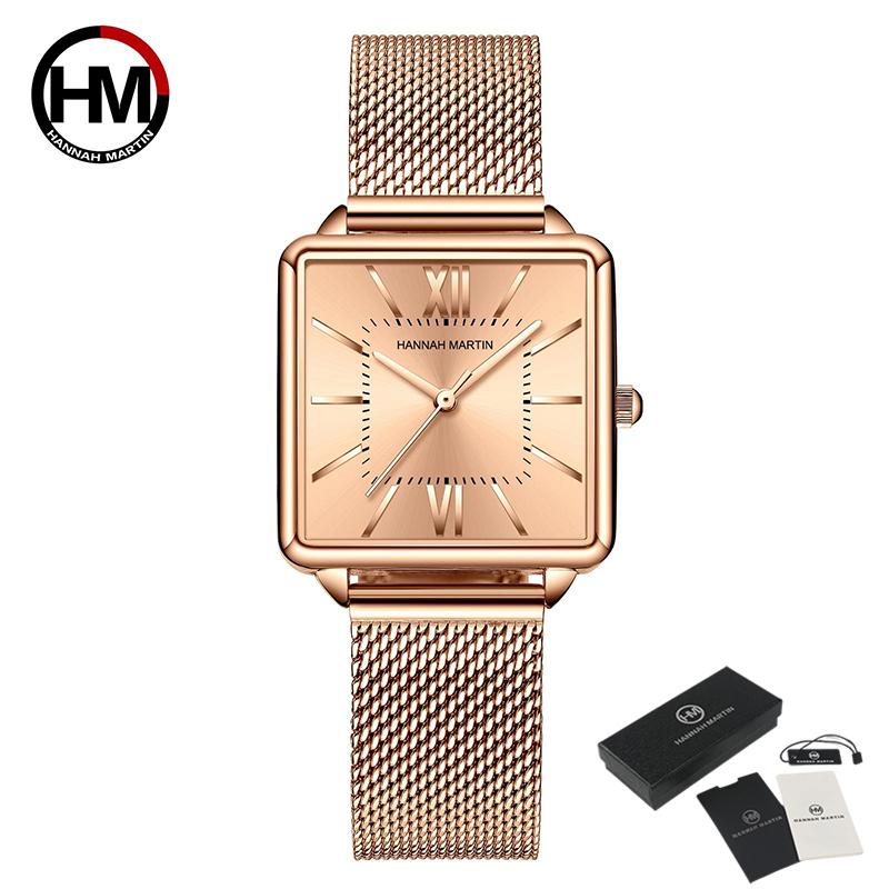 Hannah Martin Женские кварцевые часы Японский кварцевый механизм Зеленый циферблат Квадратные часы Модные наручные часы Женские часы из розового золота для женщин