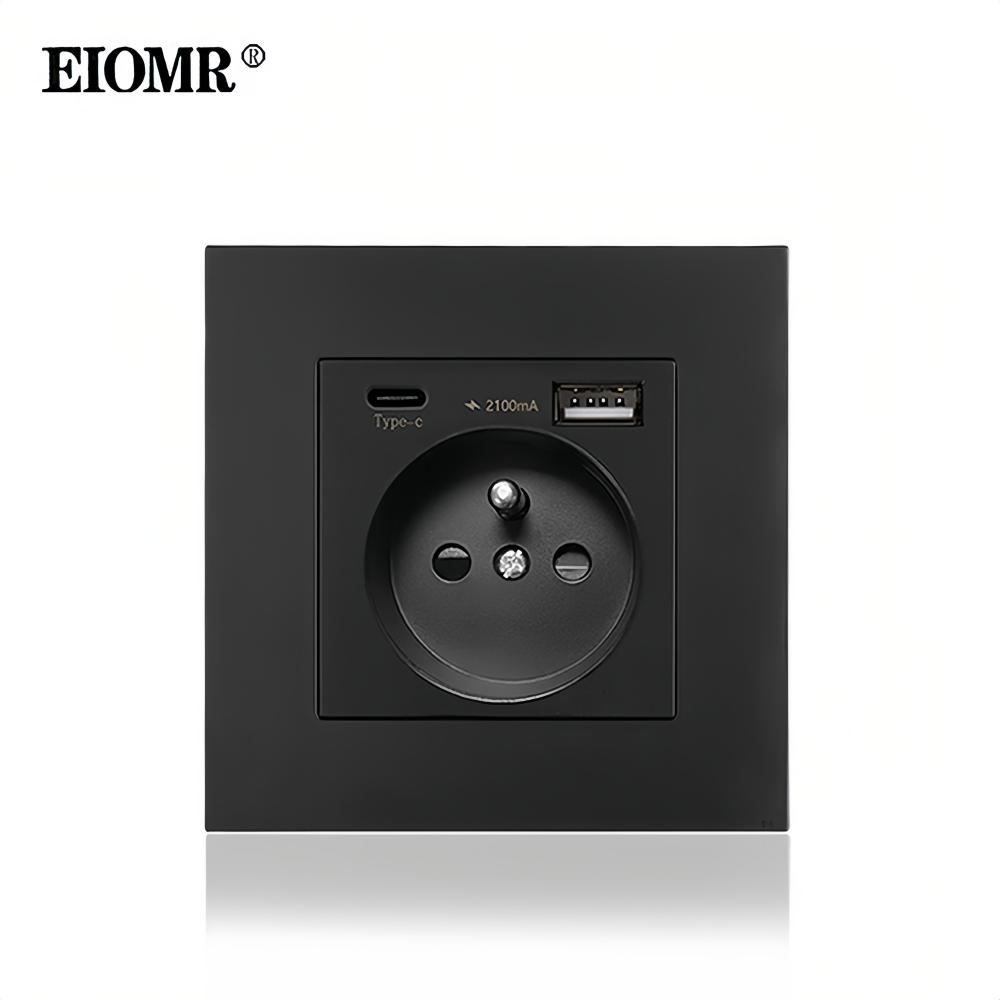 Розетка EIOMR Стандарт Франции, Одинарная Двойная AC 100~250V 16A Белый Черный Настенная Тип-C USB Вилки Розетка для Дома Офиса
