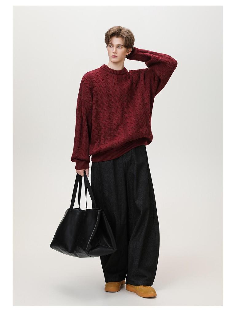 Мужской текстурированный свитер с кабельным узором и круглым вырезом - Трендовый толстый пуловер для осени/зимы, базовая универсальная верхняя одежда