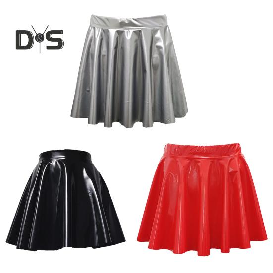 Женская мини-юбка с высокой талией, зеркальная глянцевая поверхность, короткая юбка из искусственной кожи, однотонная юбка-солнце