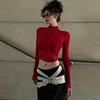 2025 Spring Fashion Mesh Turtleneck Long Sleeve Red Draped Bandage Sexy See Through Crop T-Shirt Top Streetwear Club