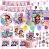 Gabby Dollhouse Birthday Party Decoration Gabby Tableware Bracelets Stikers Cake Topper Balloons For Kids Party Gift Photo Booth