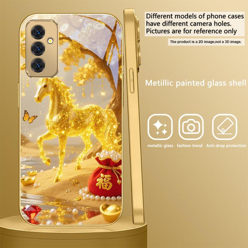 Золотая счастливая лошадь Для Samsung Galaxy S 21 S22 S23 Plus S24 Ultra S20 FE 25Ultra S21+ S9+ 22Plus Золотой стеклянный чехол для телефона