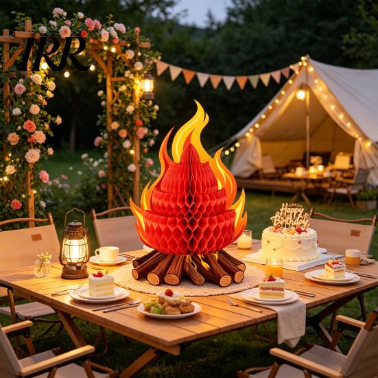 Folding Honeycomb Campfire Fake Decoration 3D Paper Centerpiece Artificial Outdoor Camping Party Decor Flame Ornament for Camp Bachelorette