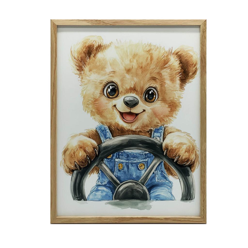 Smiling Teddy Bear Behind The Steering Wheel Smiling Teddy Bear Behind The Steering Wheel, 50X70 Cm, Black Aluminum Frame, 230 Gsm Matte Paper