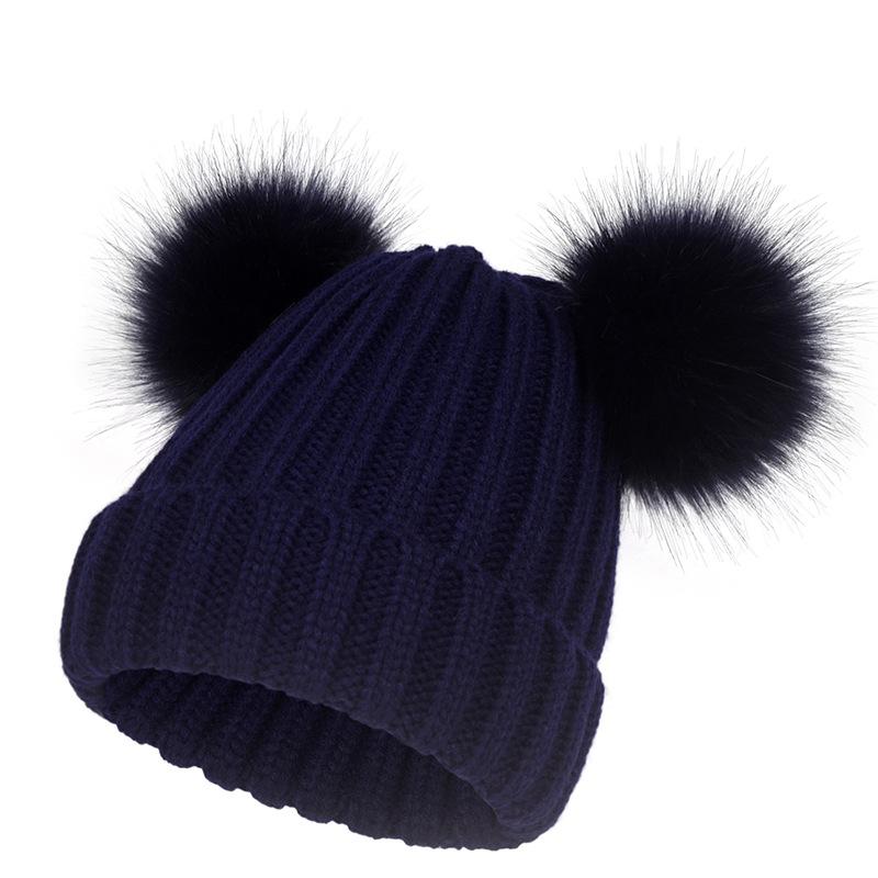 Детская / Взрослая 2-слойная осенне-зимняя новая женская шапка с двумя шариками, вязаная шапка из искусственного меха лисы, сохраняет тепло, вязаная шапка