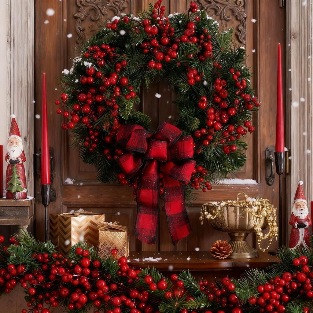 Red & Black Plaid Bow Christmas Wreath with Artificial Berries