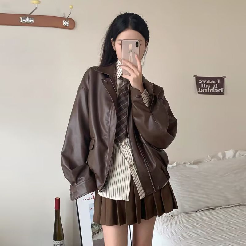 Винтажная кожаная женская укороченная куртка свободного кроя в корейском стиле, стильная куртка для мотоциклистов, миниатюрная, осень, новое поступление