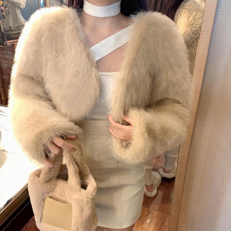 2024 Осень Винтаж Лисий Мех Короткие Пальто Женские Зимние Новые Модные Длинные Рукава Плюшевые Куртки Женские Топы Элегантные Свободные Мягкие Теплые Женские Куртки Пальто 25320