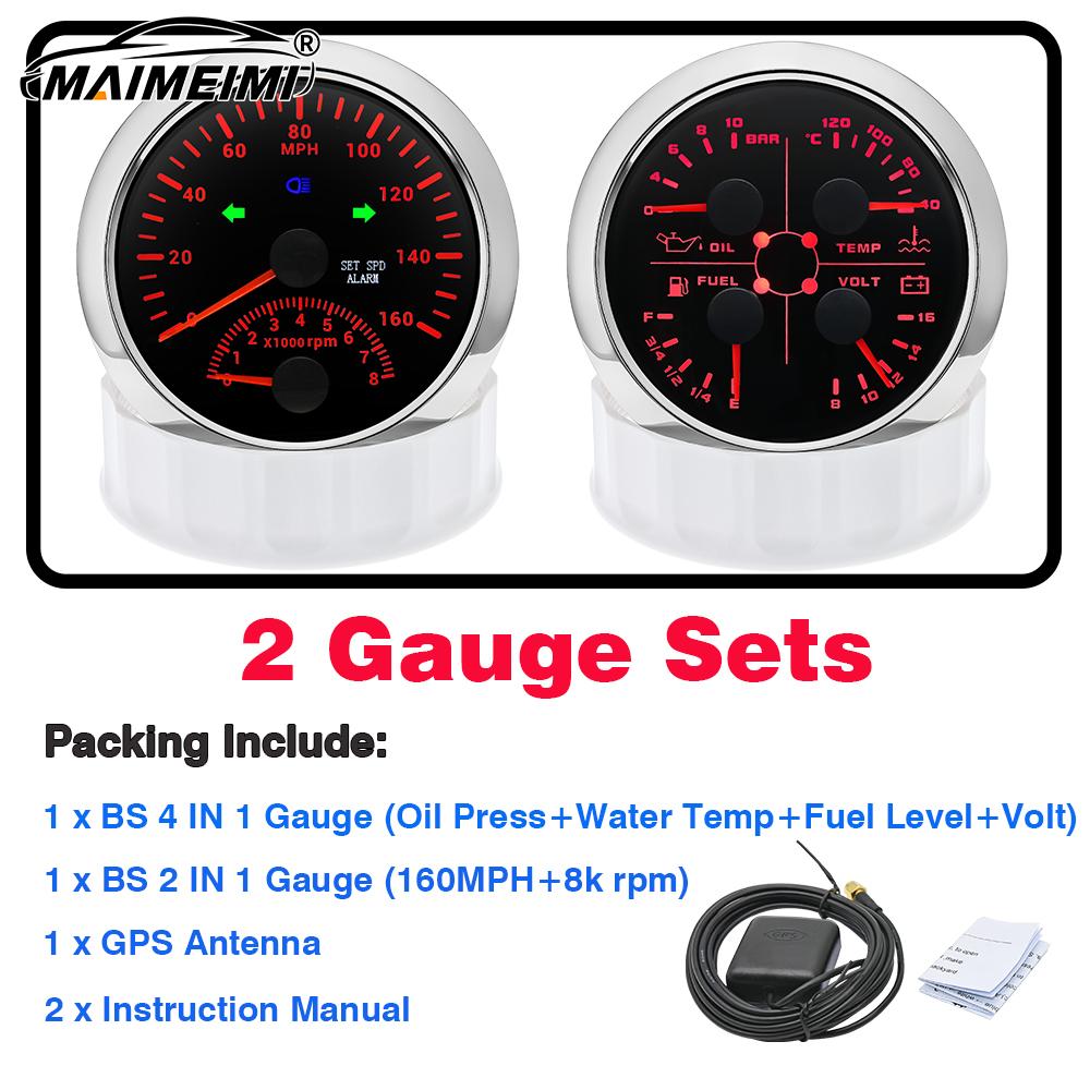 4 in 1 Multi-functional Gauge Meter Car Boat 2 IN 1 85mm GPS Speedometer for Truck Boat 7 Colors Backlight 2 Gauge Set 0-10Bar