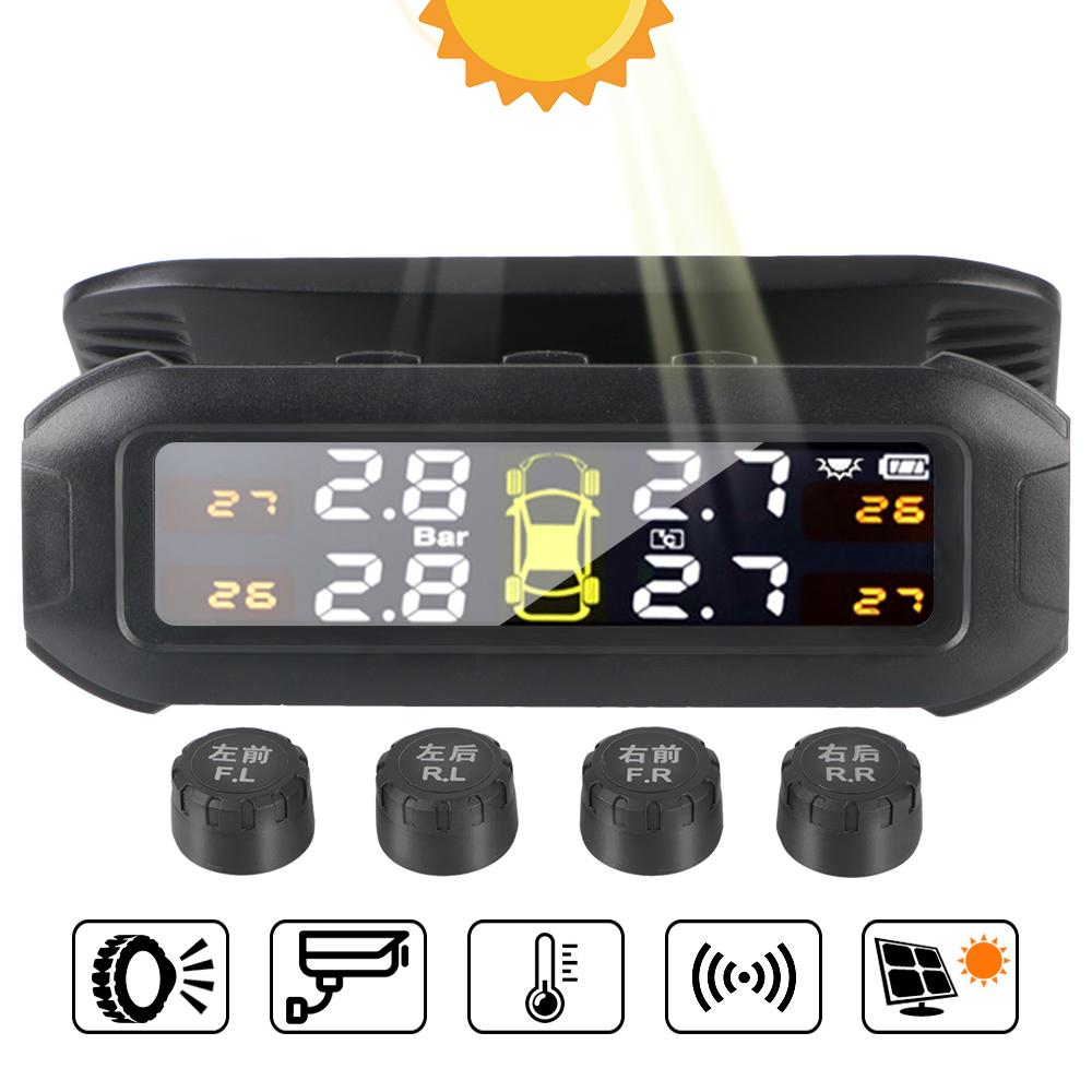 Solar Car TPMS Tire Pressure Monitoring System With 4 External Sensors Temperature Warning Fuel Save
