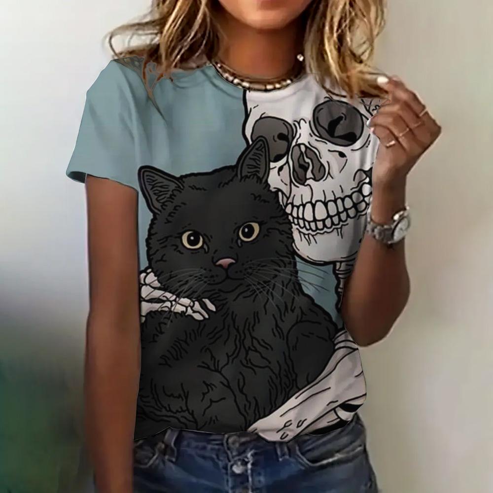 Женская футболка, летняя, с круглым вырезом, коротким рукавом, с рисунком кошки, топ, костюм на Хэллоуин, модная, свободная, с коротким рукавом, женская футболка 2024