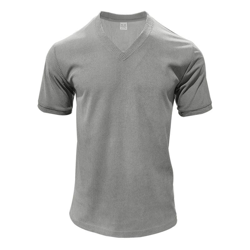 Мужская модная трикотажная рубашка с V-образным вырезом, однотонная, с короткими рукавами, текстурированная футболка-пуловер