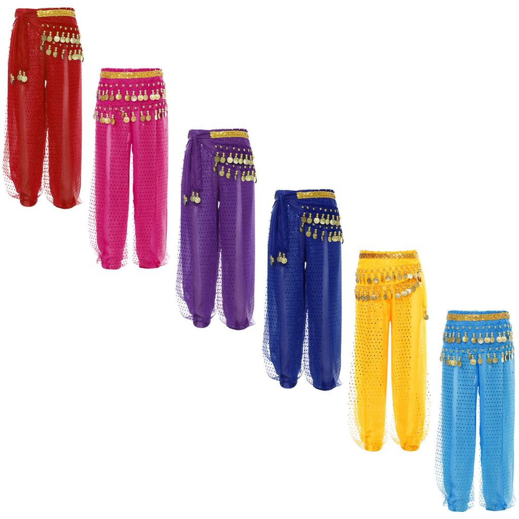 Kids Girls Belly Dance Performance Pants Sequined Dots Chiffon Trousers Bloomers with Tassels Waist Chain Hip Scarf