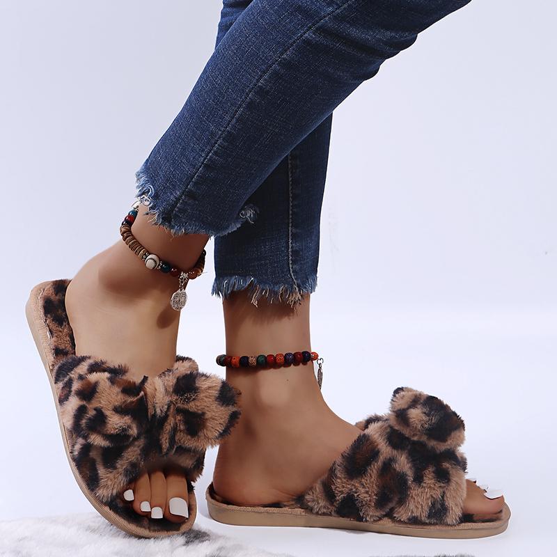 Women Slippers Winter Shoes For Woman Home Slippers Faux Fur Slippers Leopard Print Bow Decoration Shoes Size 36 -41