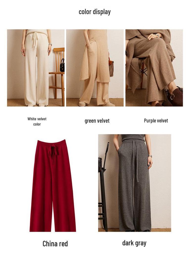 Women's High Waist Wide Leg Cashmere Pants - Floor-Length, Elastic Waist, Urban Fall/Winter Style