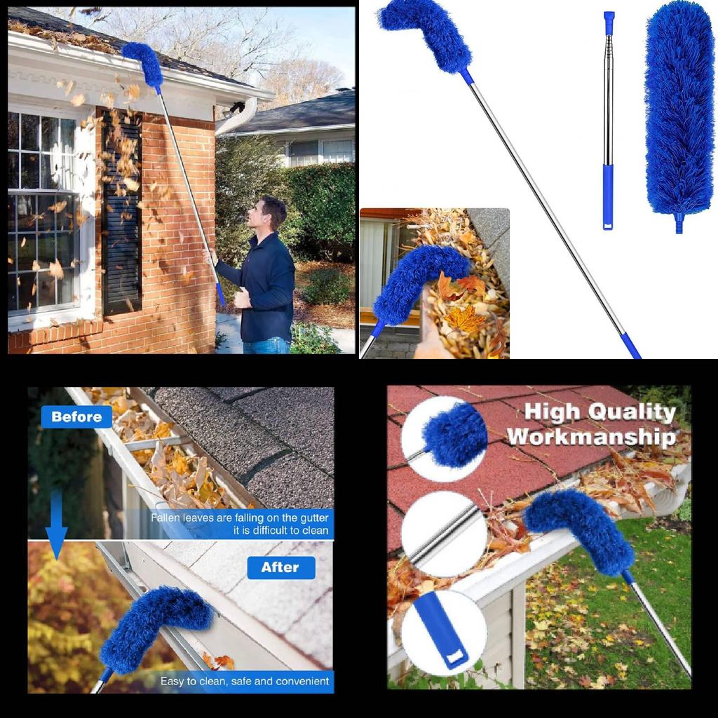Roof And Gutter Cleaning Tool With Telescopic Pole And Dust Brush For Household Use