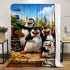 Animated penguins with tools and snacks in front of a zoo and city skyline. for all seasons blanket lunch break throw gift
