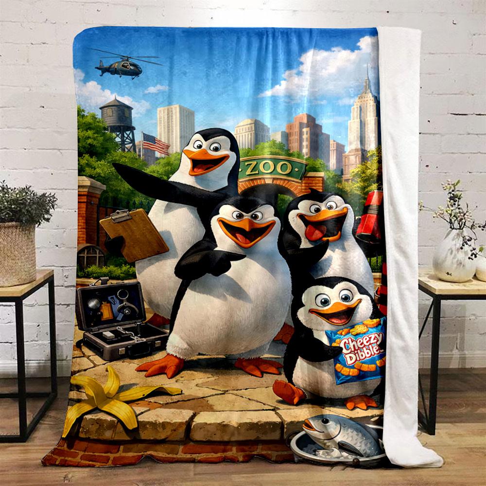 Animated penguins with tools and snacks in front of a zoo and city skyline. for all seasons blanket lunch break throw gift