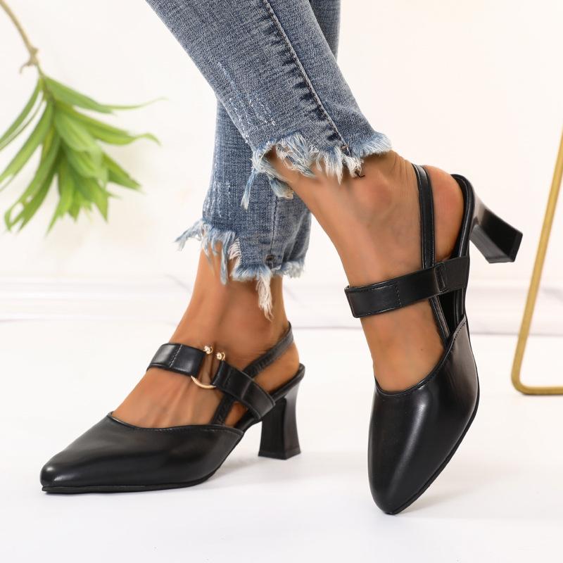 Fashion Soft Leather Sandals Women'S Bag Head Medium Heel Thick Heel Women'S Shoes Pointed One-Word Buckle Single Shoes Women