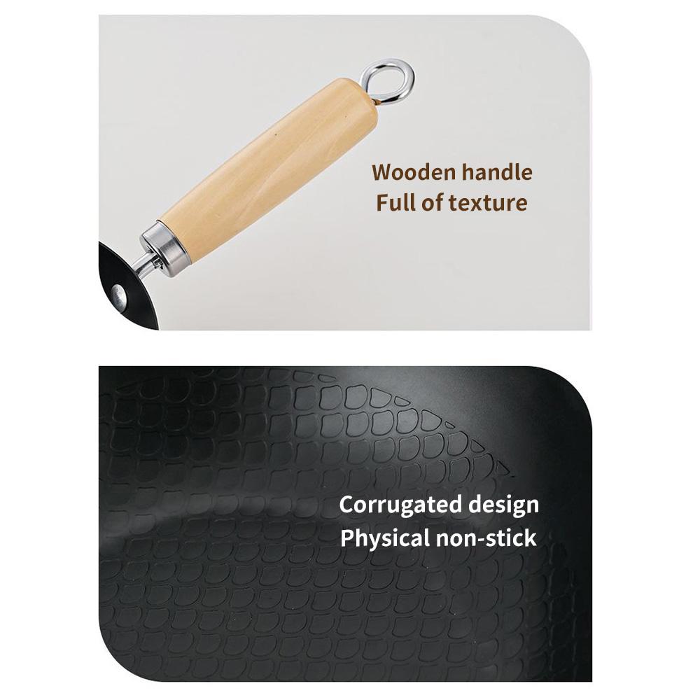 A Deep Circular, Stir Fry Iron Pan, Uncoated and Non Stick Pan, Compatible with Induction Cookers