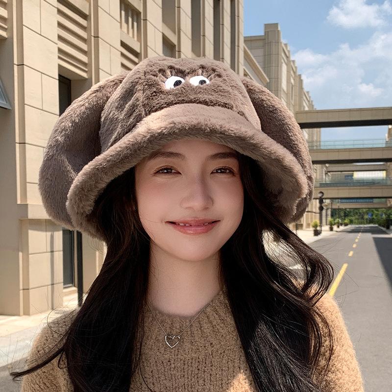 Sweet Cute Rabbit Ears Hat Women's Fashion Plush Bucket Bucket Hat Outdoor Warm Ear Protector