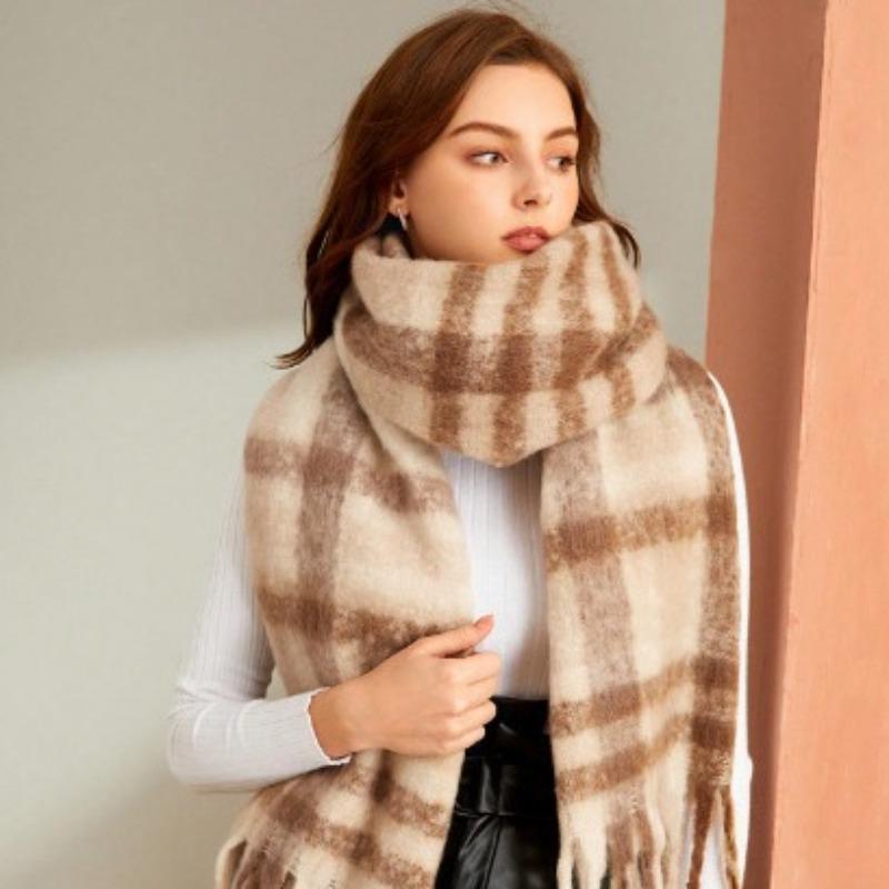 New Mohair Plaid Scarf Women's Autumn and Winter Thickened Warm Student Versatile Fringed Scarf Tide