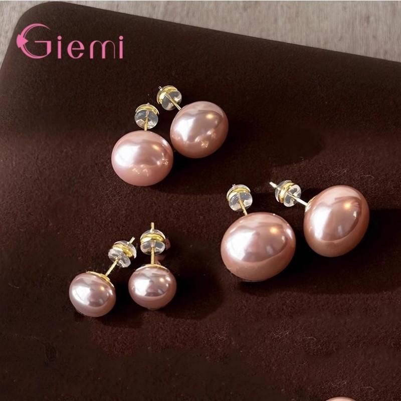 Elegant Pink Glossy Pearl Stud Earrings For Women Exquisite 925 Sterling Silver Earrings Wedding Party Geometric Jewelry Gift