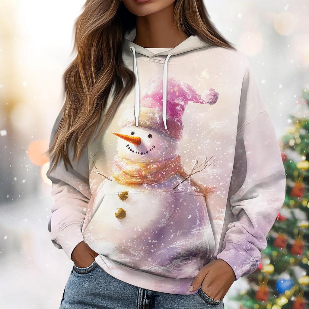 Женская повседневная свободная толстовка с капюшоном и длинным рукавом с рождественским принтом на завязках