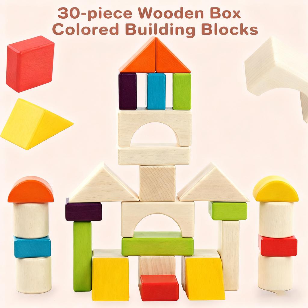 Wooden 30pccolored Wooden Box Building Beech Shape Large Block Stacking Early Education Educational Toys