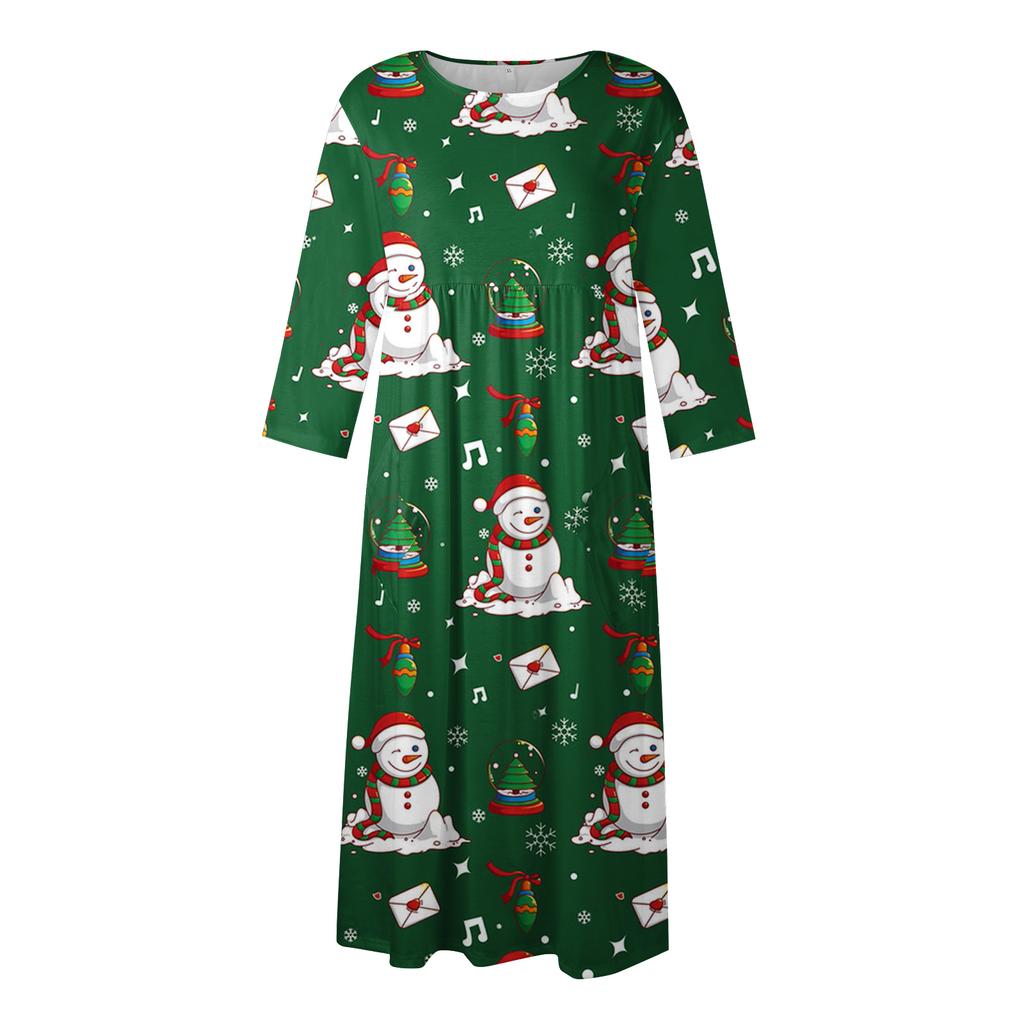 Women's Casual Round Neck Christmas Print Midi Dress Long Sleeve Pocket Dress