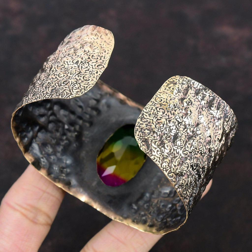 Браслет с граненым турмалином, регулируемый браслет-манжета с медной проволокой, браслет ручной работы с драгоценными камнями, старинные медные украшения, подарок на помолвку