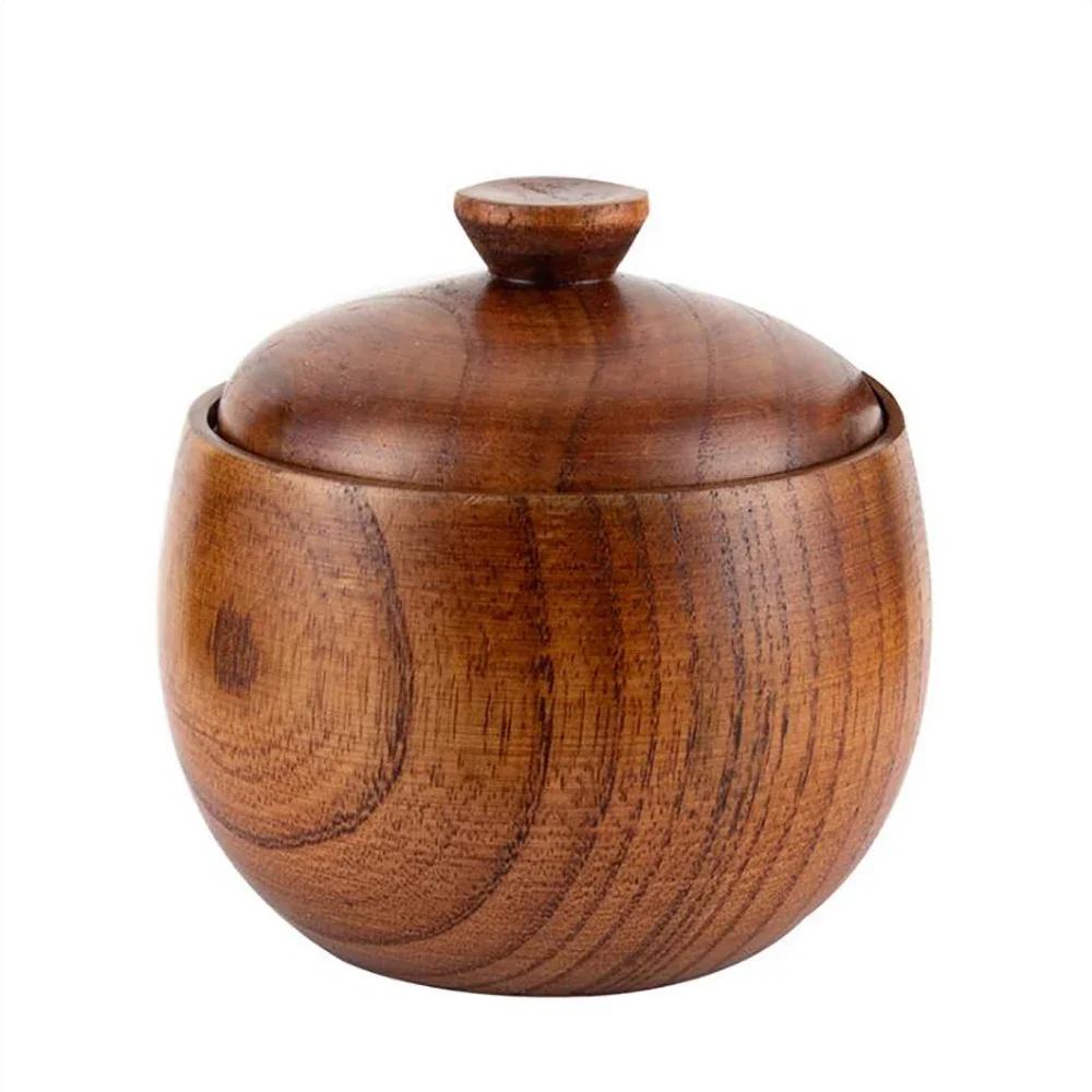 Wooden Salt Cellar Sugar Bowl Pepper Box Salt Seasoning Container Storage Box with Lid and Spoon Wooden Spice Box Spice Jars