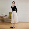 Bailuyu Elegant V-Neck Color-Block A-Line Knit Dress