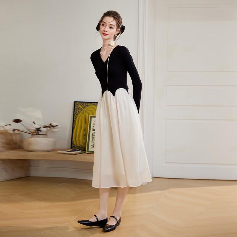 Bailuyu Elegant V-Neck Color-Block A-Line Knit Dress