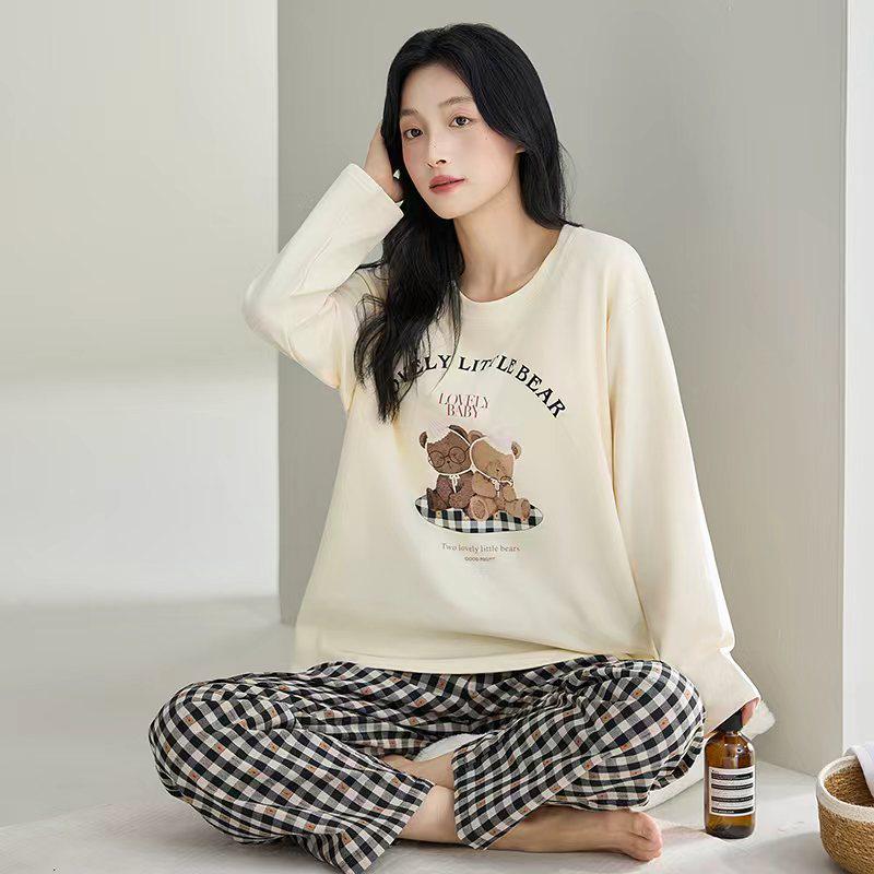 Женский пижамный комплект с длинным рукавом - Милый мультяшный принт, Большой размер, для весны и осени, для дома/улицы