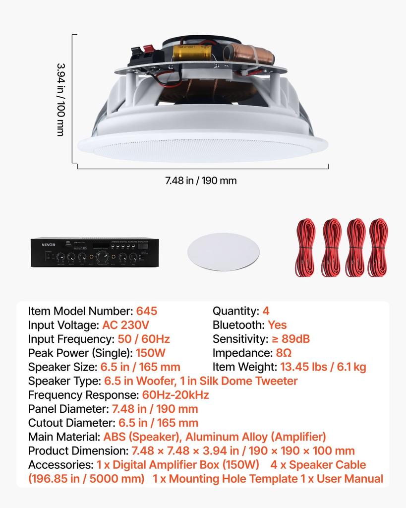 Bluetooth Ceiling Speakers, 165.1 mm, In Ceiling & In-Wall Speaker System with Amplifier, 2-Way, for Damp Humid Placement, Home Theater, Covered