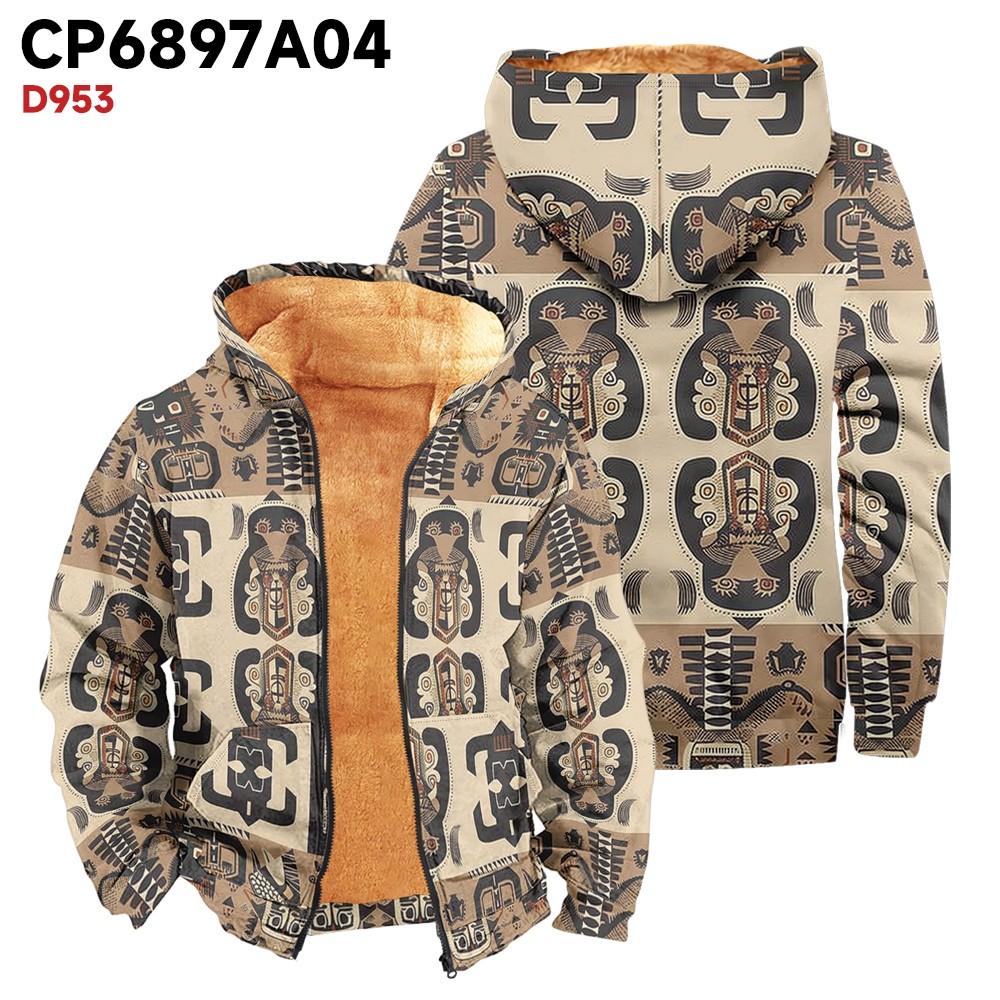 Men's Print Long Sleeve Pocket Coat Fashion Plus Velvet Overcoat