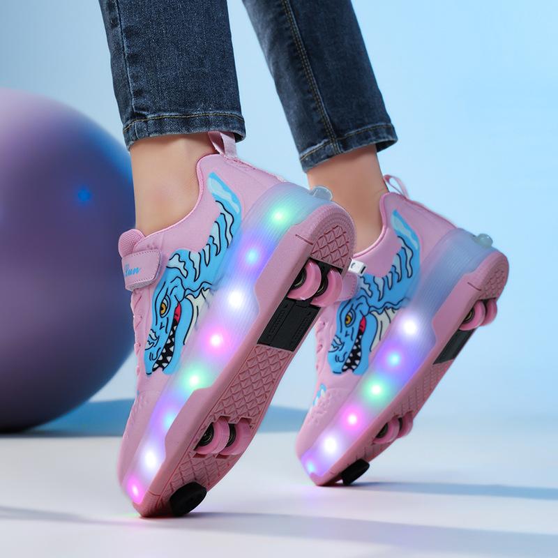 Новые туфли на роликах с колесами для мальчиков, обувь для катания на коньках, четырехколесные невидимые светящиеся туфли, модные колесные туфли для полета