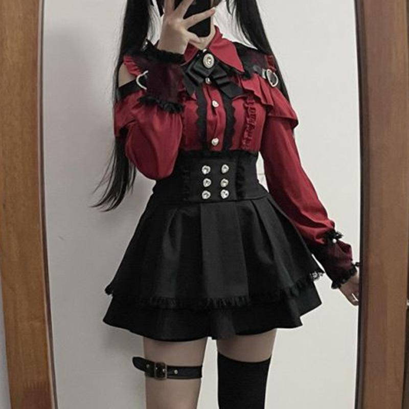 Japanese Black Short Skirt Set Gothic Ruffle Mini Skirts Sexy Lace Off Shoulder Lolita Shirt Gown Y2k Aesthetic Suit