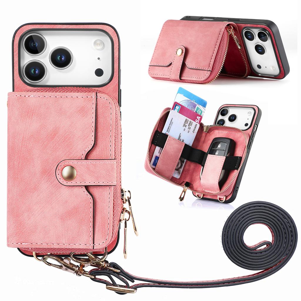 For iPhone 17 Pro PU Leather Phone Back Cover with Zipper Card Holder and Long Strap